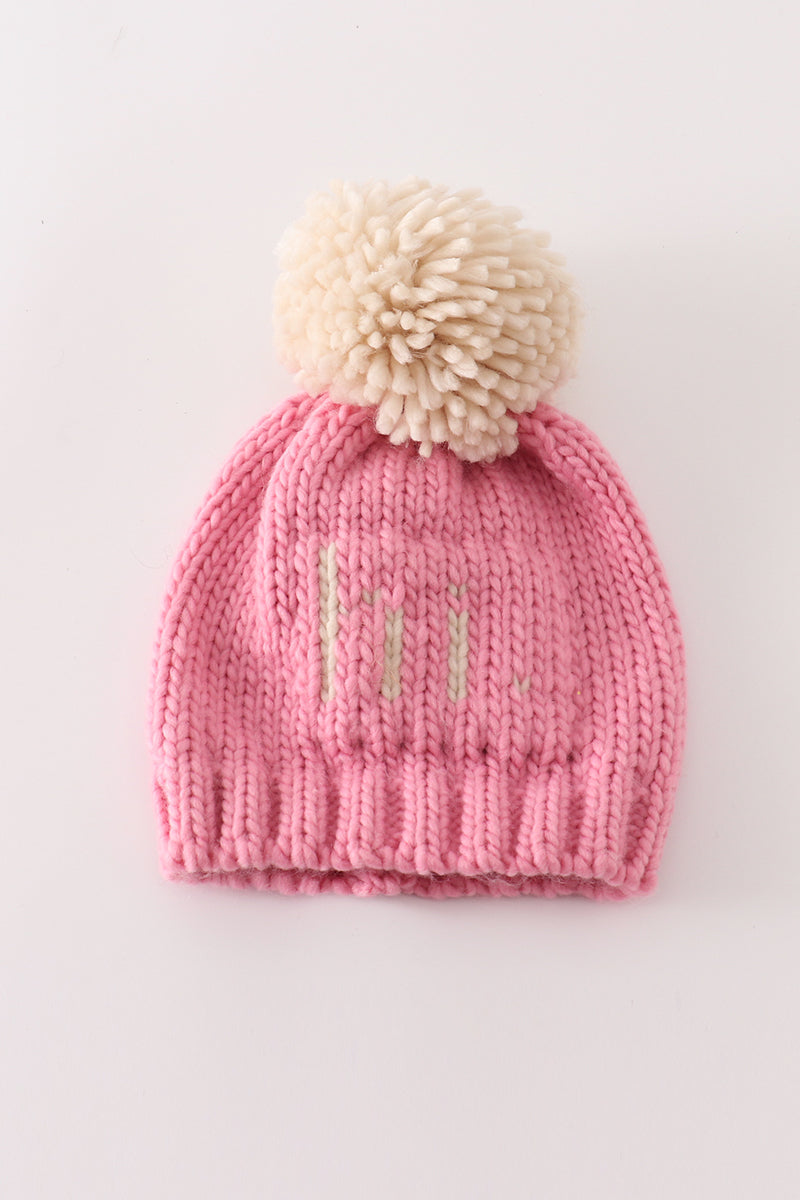 Infant & Kids Beige “Hi” Cable Knit Pompom Beanie Hat
