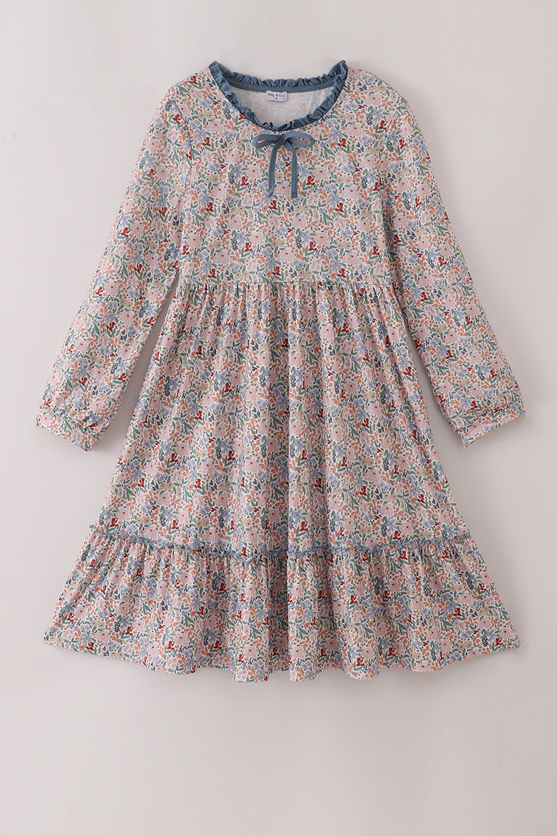 Blue Floral Bow Print Smocked Mom Dress