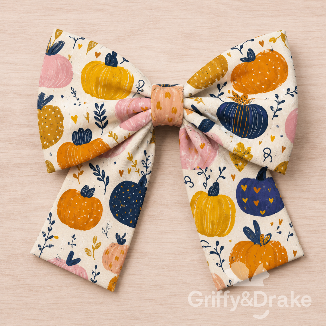 Griffy & Drake Pretty Pumpkins sailor bow with colorful pumpkin pattern