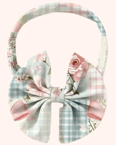 Pete & Lucy Patchwork Dreams bow headband featuring pastel gingham checks and pink roses.