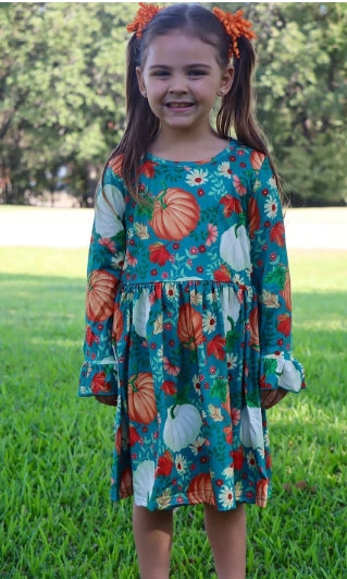 Thanksgiving Day Fall Girls Pumpkin Print Two-Dress Set