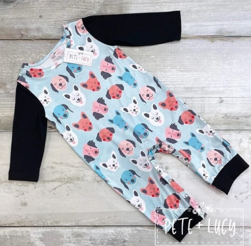 Pete + Lucy Puppy Dog Pals infant romper with puppy print and black sleeves