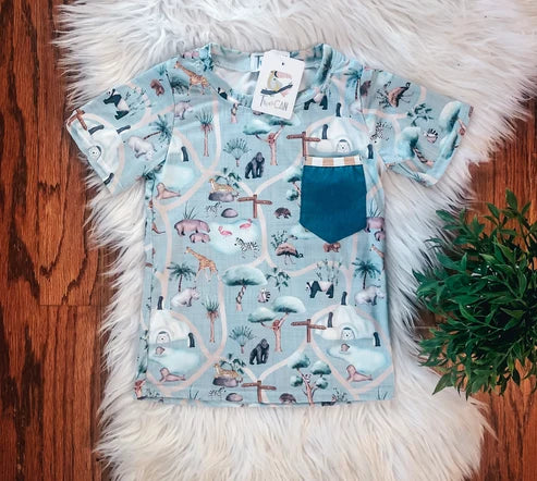 Zooin' It Pocket Tee by TwoCan - light blue zoo animal print with teal pocket