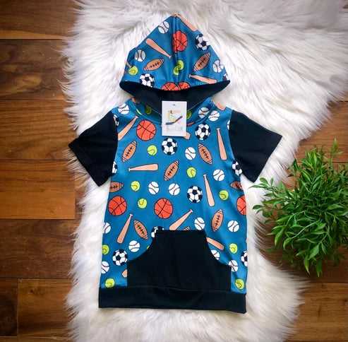 Boys at Play Hoodie by TwoCan - blue sports print with black sleeves and kangaroo pocket