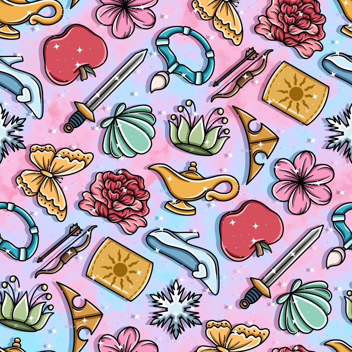 Princess Mash Up print with storybook-inspired flowers, magic lamps, swords, bows, and other colorful fantasy motifs