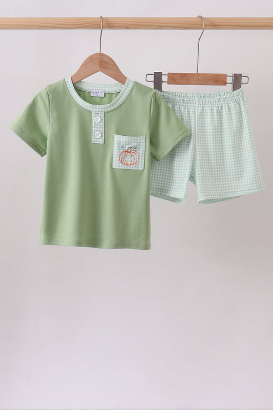 Sage green pumpkin embroidered top with coordinating gingham shorts