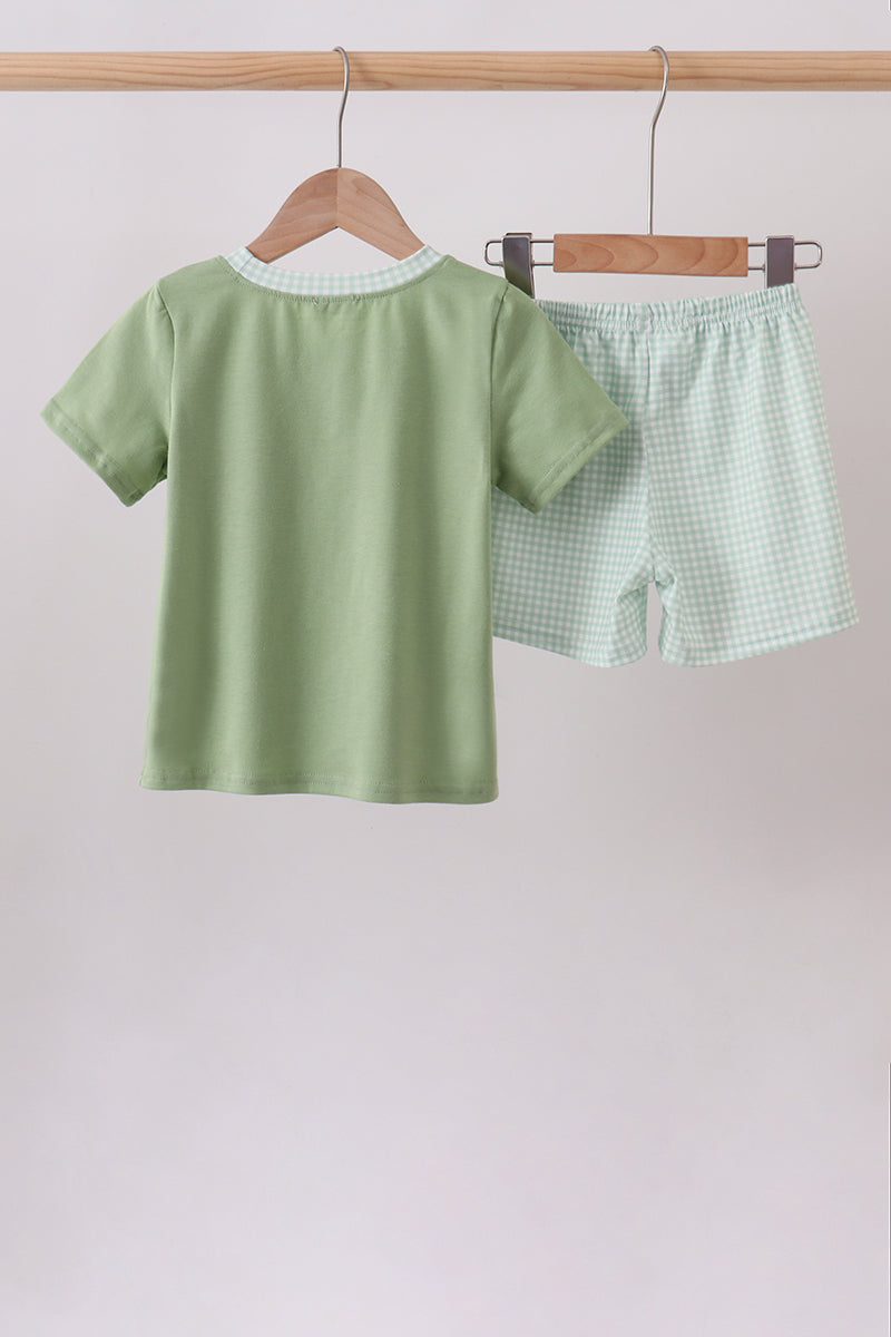 Back of sage pumpkin embroidered shorts set