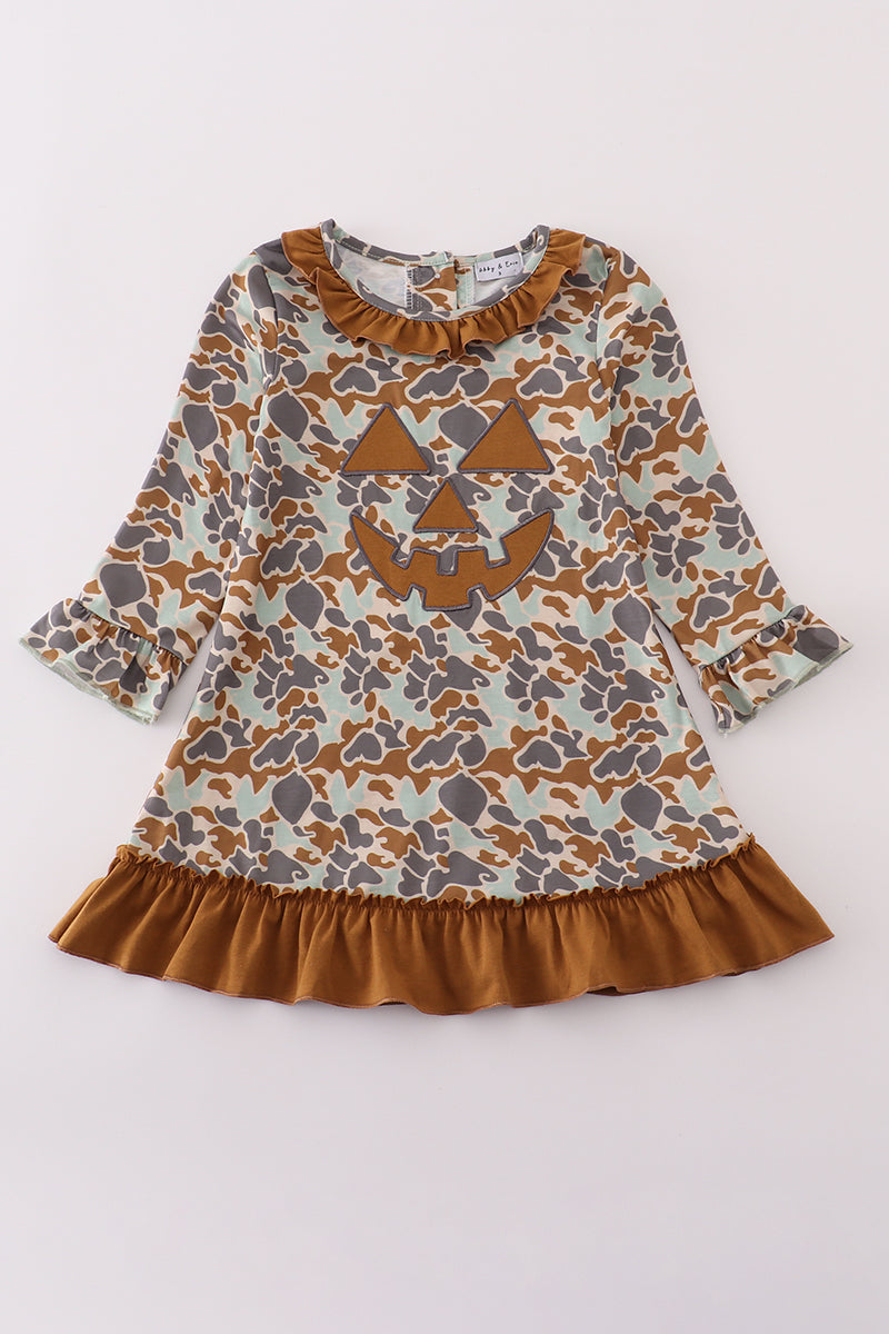 Halloween camouflage applique ruffle dress with pumpkin detail