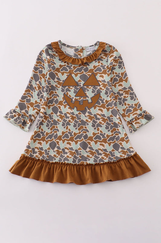 Halloween camouflage applique ruffle dress with pumpkin detail