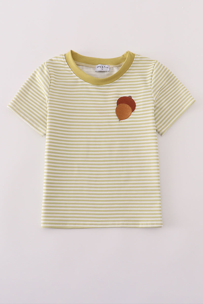 Green and white striped top with embroidered pinecone detail