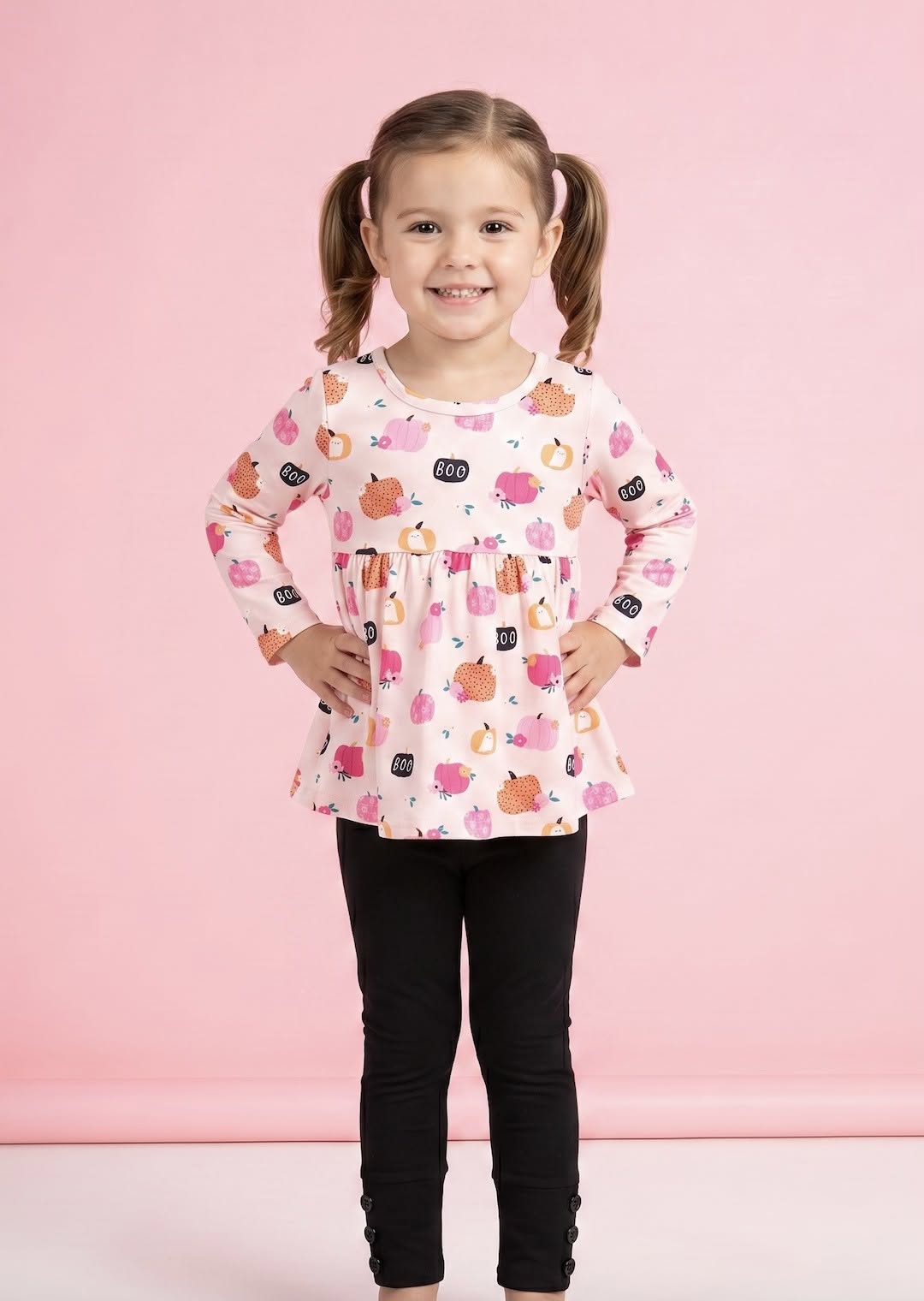 Boo-tiful Patch 2 Piece Set on model - girl wearing pumpkin print top and black leggings