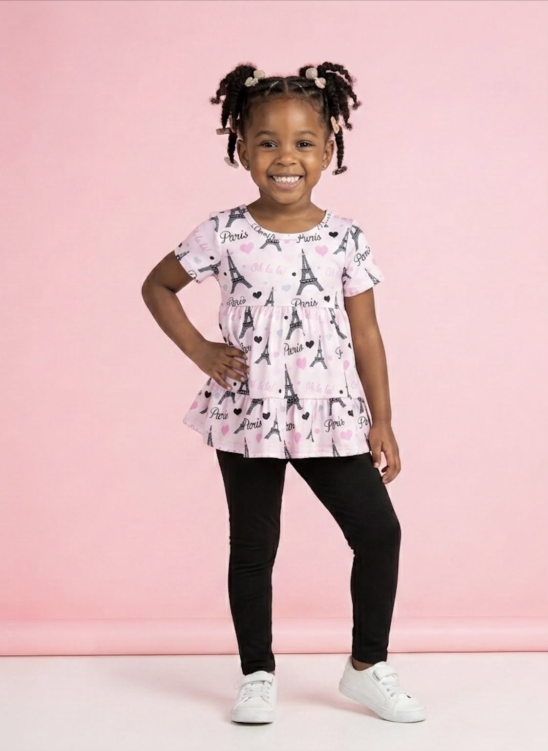 Paris Oh La La 2 Piece Set on model - girl wearing Paris print top and black leggings
