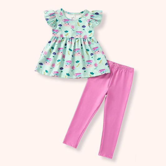 Tea Party 2-Piece Set - mint teacup print flutter top and pink leggings flat lay