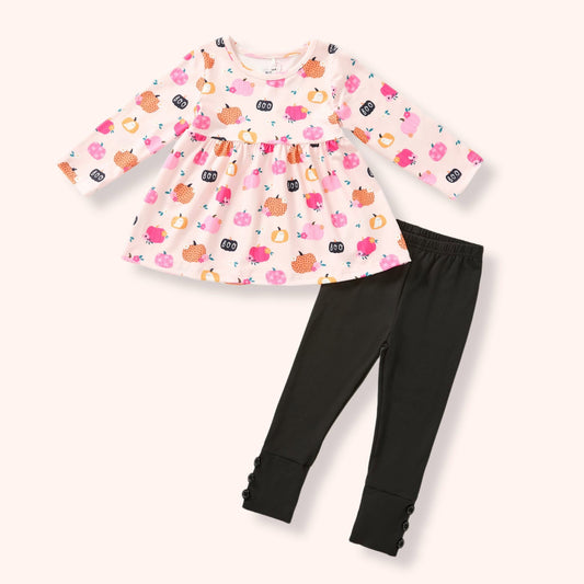 Boo-tiful Patch 2 Piece Set flat lay - pumpkin print top and black leggings