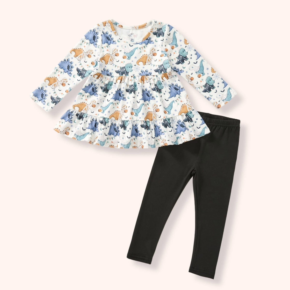 Trick-or-Saurus 2 Piece Set flat lay - Halloween dino print tiered top and black leggings