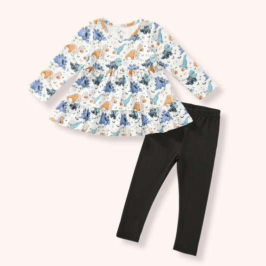 Trick-or-Saurus 2 Piece Set flat lay - Halloween dino print tiered top and black leggings