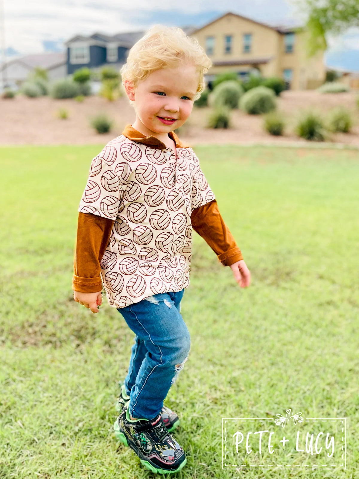 Child wearing Pete + Lucy vintage sports boy top