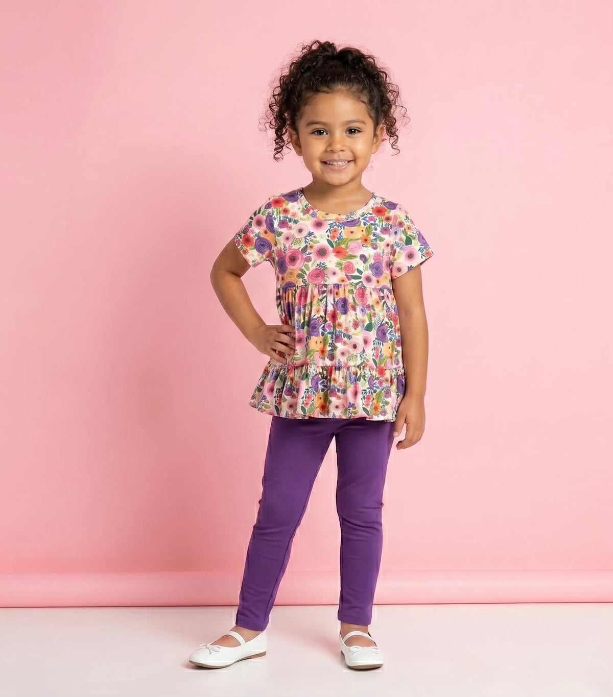 Bloom Burst 2 Piece Set on model - toddler girl wearing floral top and purple leggings