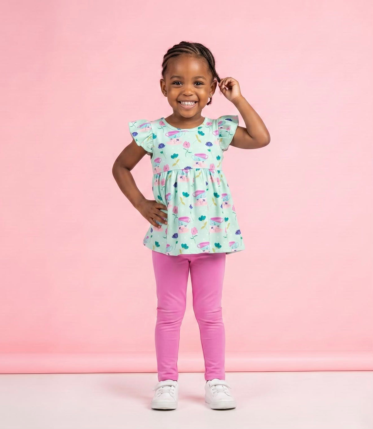 Tea Party 2-Piece Set - model wearing mint teacup print flutter top and pink leggings