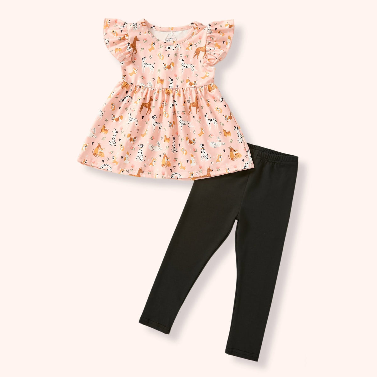 Playful Paws 2-Piece Set - dog print flutter top and black leggings flat lay