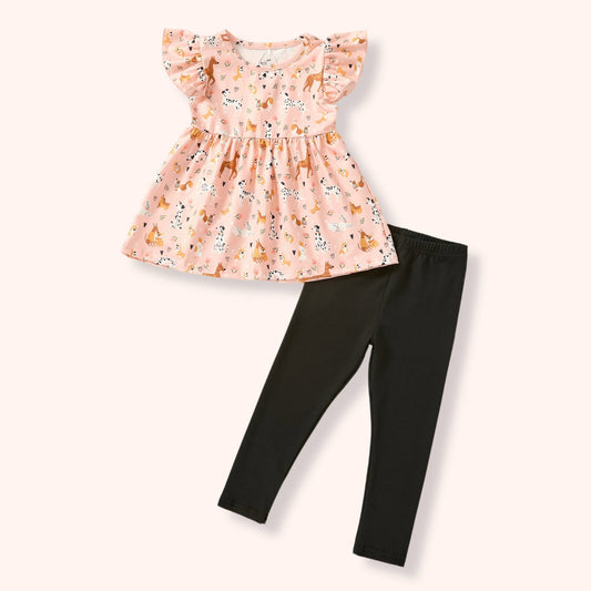 Playful Paws 2-Piece Set - dog print flutter top and black leggings flat lay