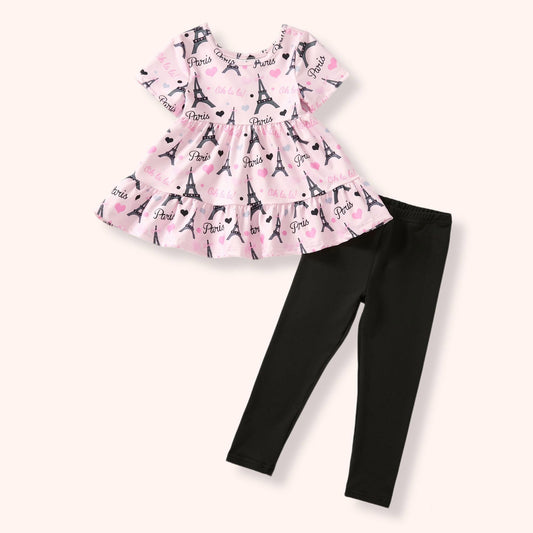 Paris Oh La La 2 Piece Set flat lay - Eiffel Tower print top and black leggings