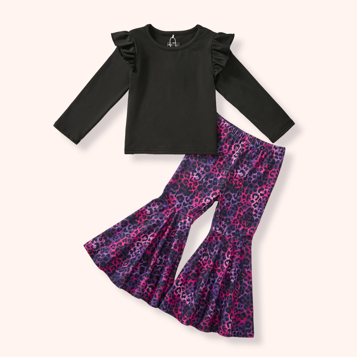 Jungle Glam two-piece pant set with black ruffle top and animal-print flares
