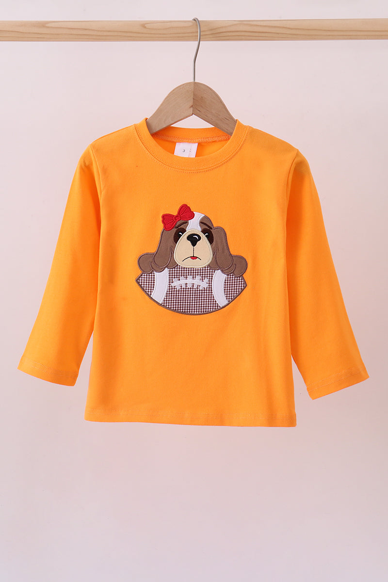Orange puppy applique top front on hanger