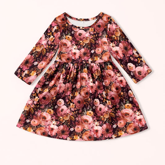 Autumn Embers floral long-sleeve dress with a full skirt