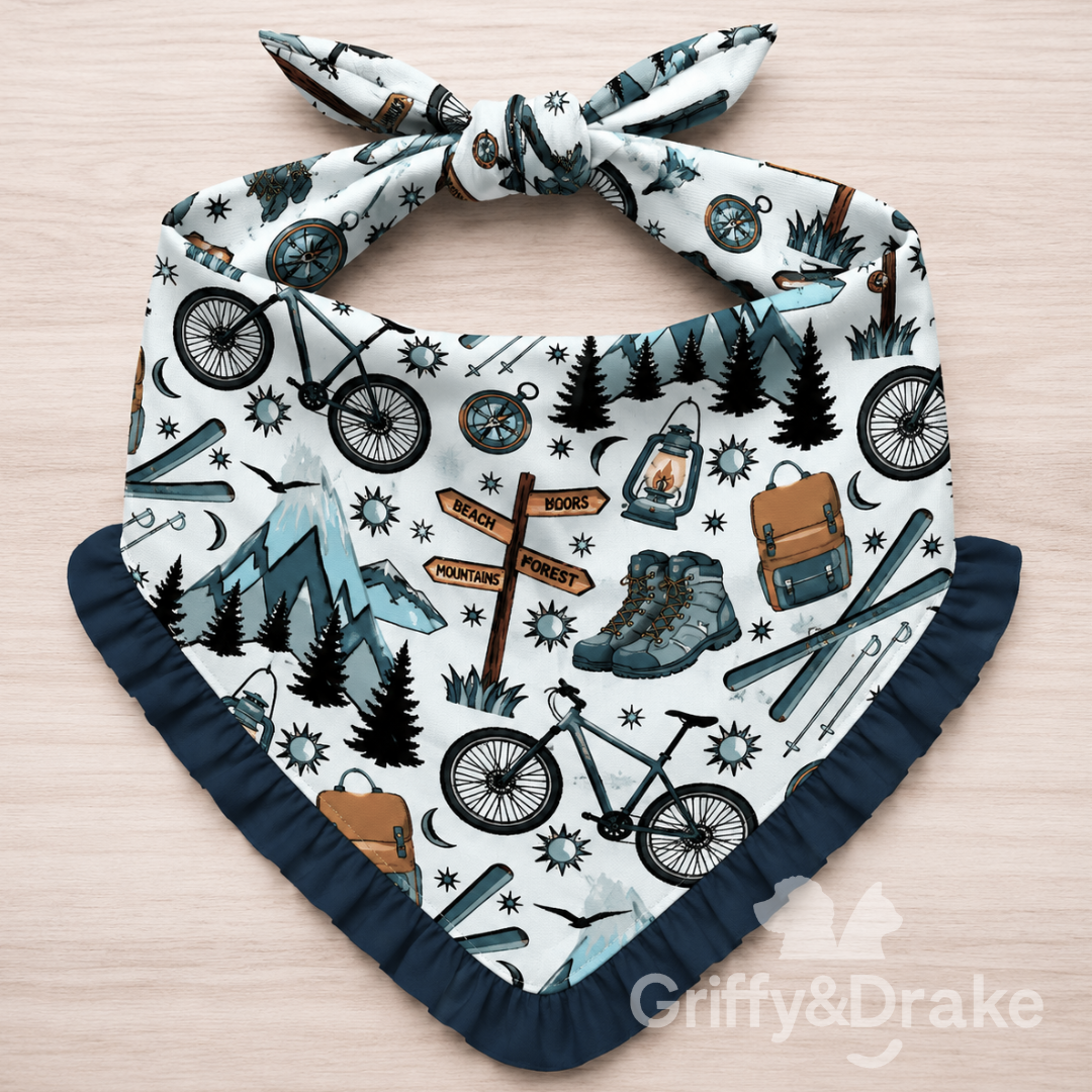 Adventure Awaits Ruffle Bandana by Griffy & Drake - outdoor adventure print with navy ruffle