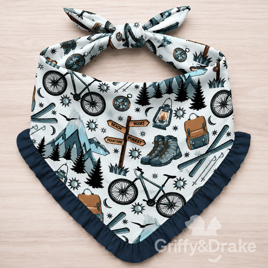 Adventure Awaits Ruffle Bandana by Griffy & Drake - outdoor adventure print with navy ruffle