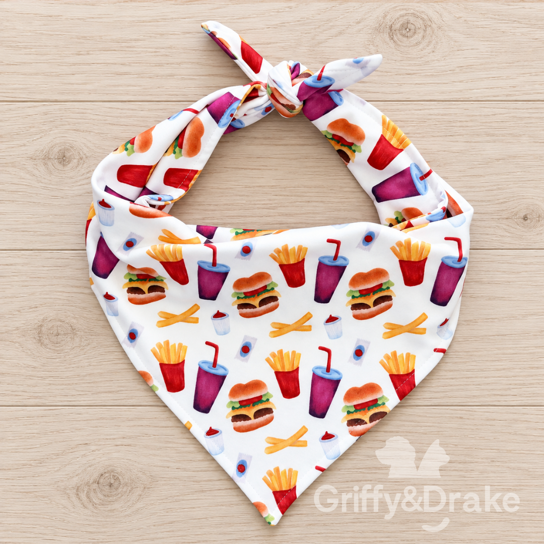 Griffy & Drake Barking For Burgers bandana in a burgers, fries, and drinks print