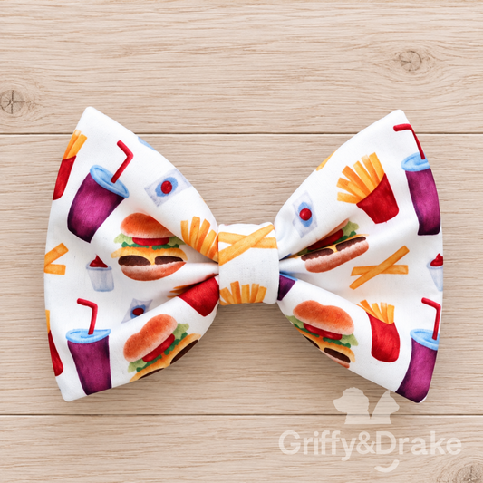 Griffy & Drake Barking For Burgers bow tie with burgers, fries, and drinks