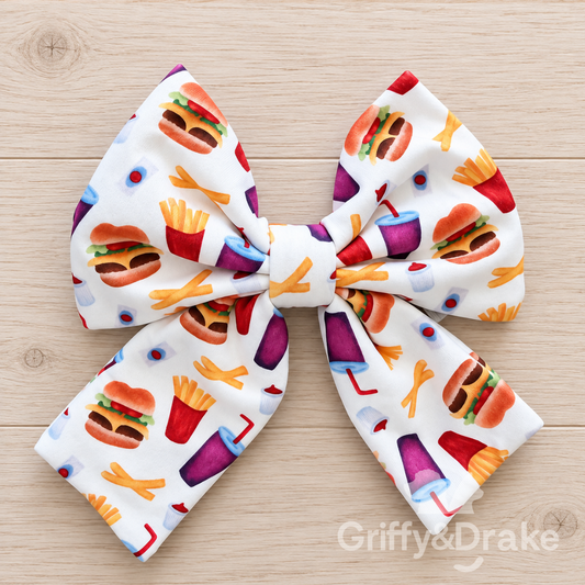 Griffy & Drake Barking For Burgers sailor bow with burgers, fries, and drinks