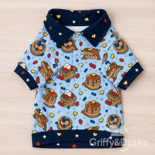 Brunch Buddies Collar Shirt by Griffy & Drake - kawaii brunch print polo with navy trim