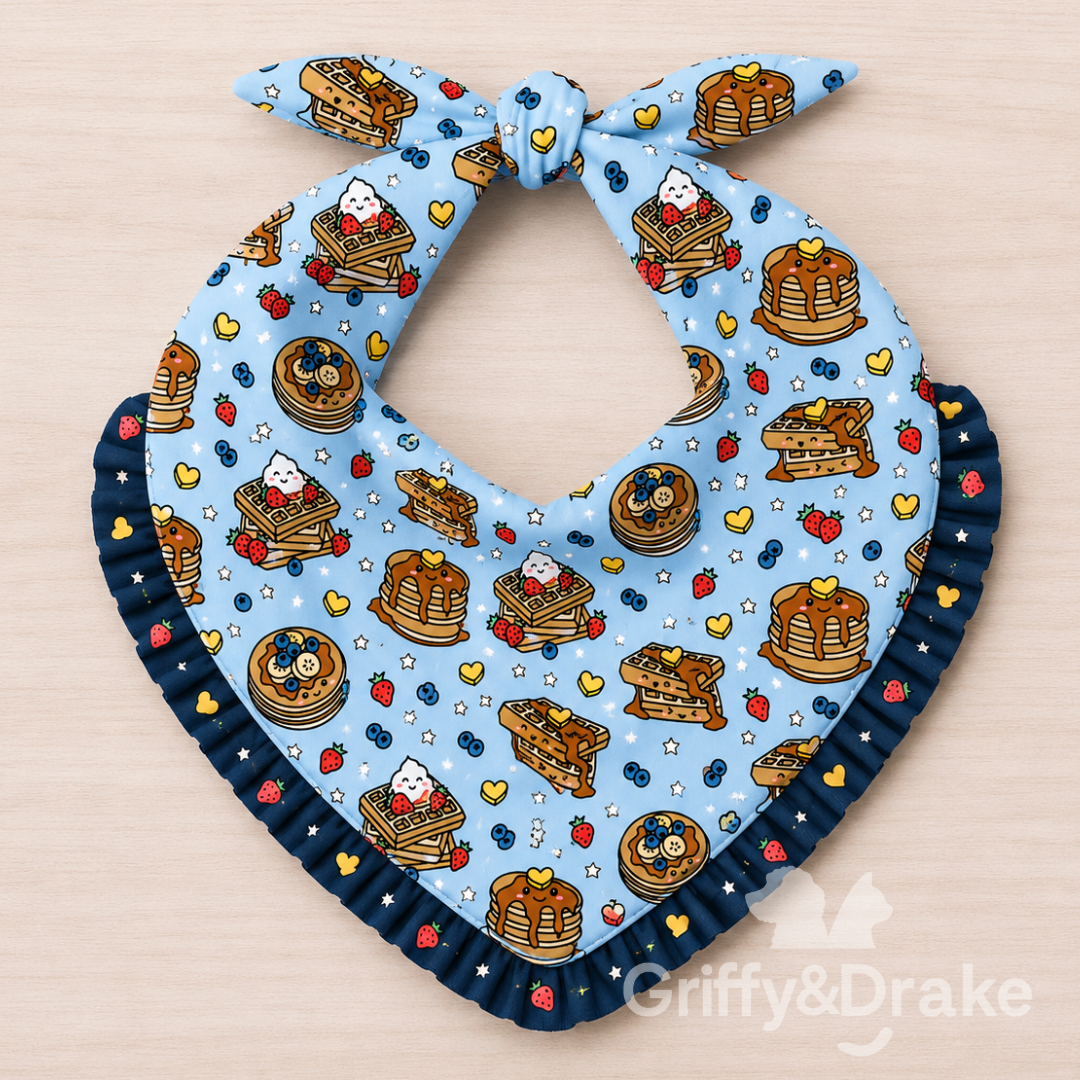 Brunch Buddies Ruffle Bandana - pancakes and waffles print pet bandana with navy ruffle trim