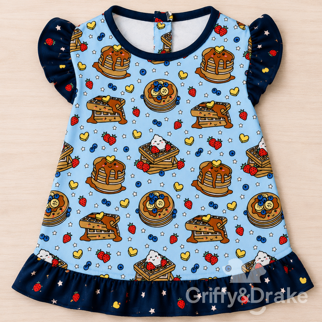 Brunch Buddies Ruffle Shirt by Griffy & Drake - kawaii brunch print with navy ruffle trim
