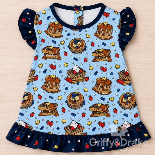 Brunch Buddies Ruffle Shirt by Griffy & Drake - kawaii brunch print with navy ruffle trim