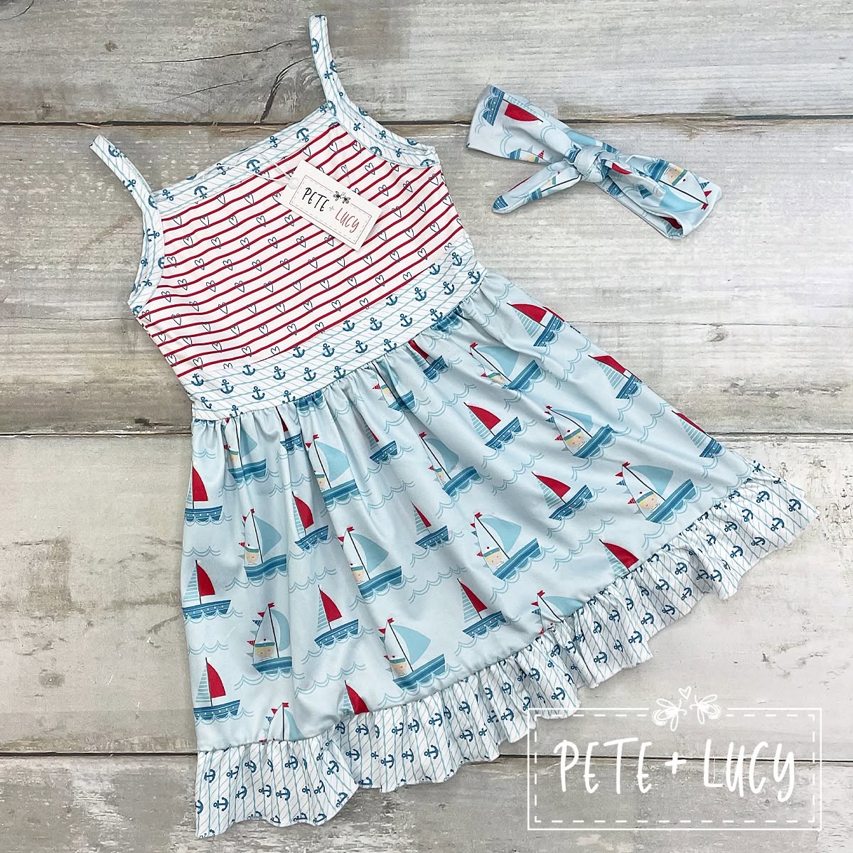 Pete + Lucy Ahoy Matey dress with sailboat skirt and anchor trim