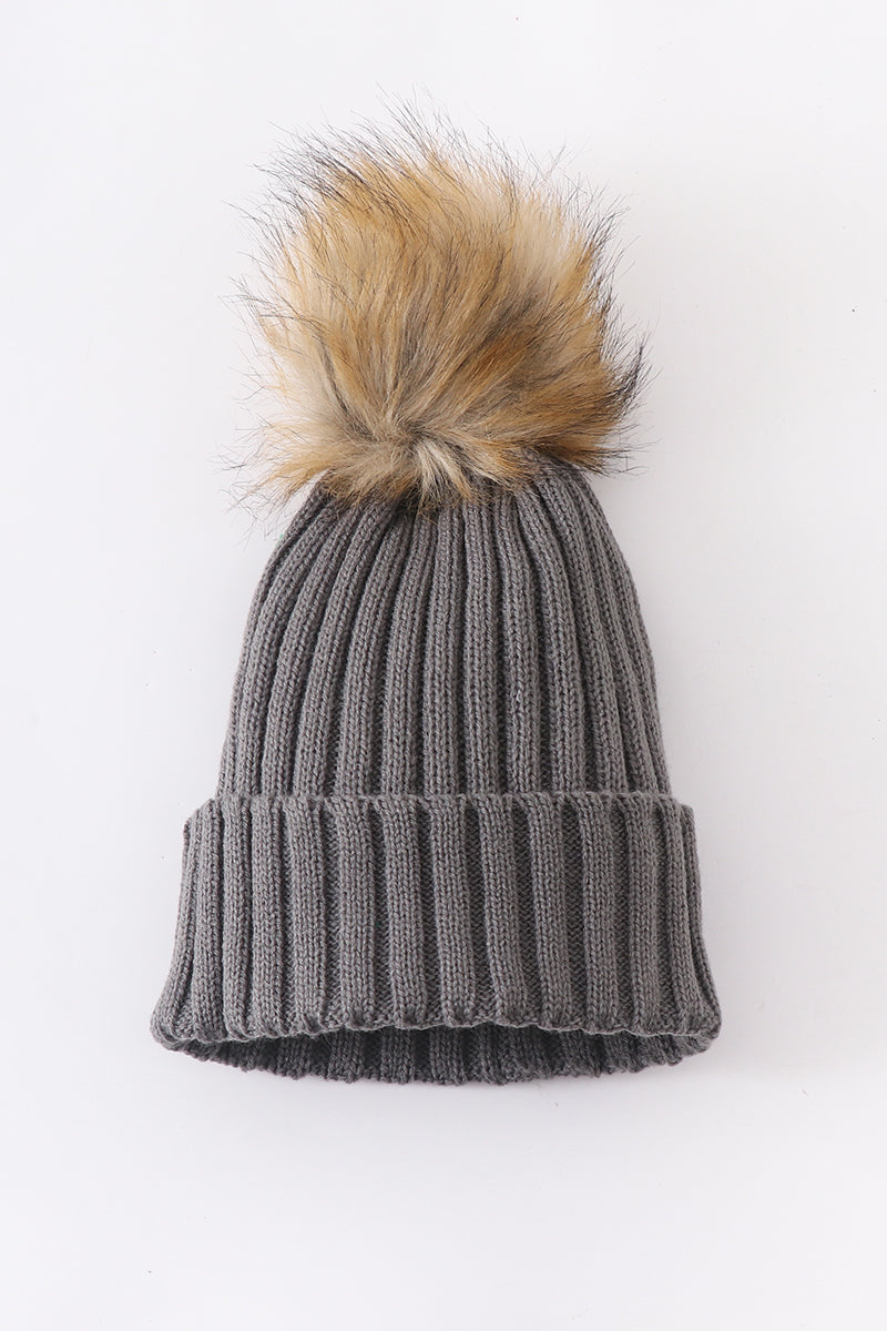 Grey knit pompom beanie for kids