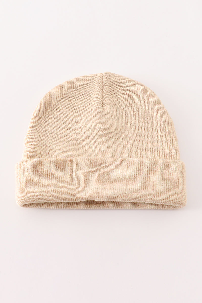Ivory ribbed knit beanie hat with a fold-over cuff