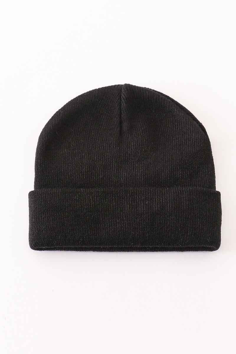 Black ribbed knit beanie hat with a fold-over cuff