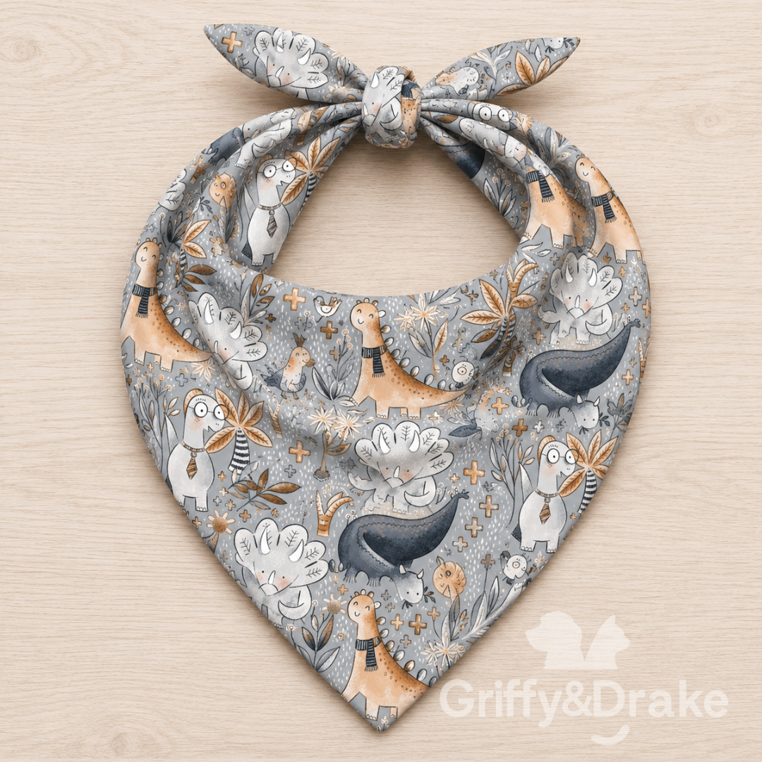 Jurassic Tails Bandana - dinosaur print pet bandana in gray and tan