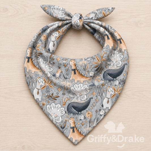 Jurassic Tails Bandana - dinosaur print pet bandana in gray and tan