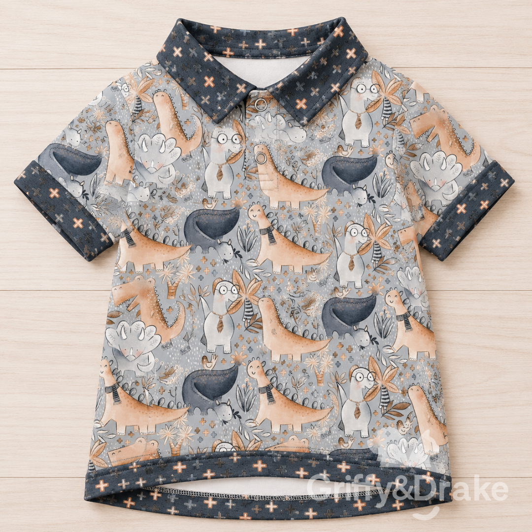 Jurassic Tails Collar Shirt by Griffy & Drake - whimsical dinosaur print polo with dark trim