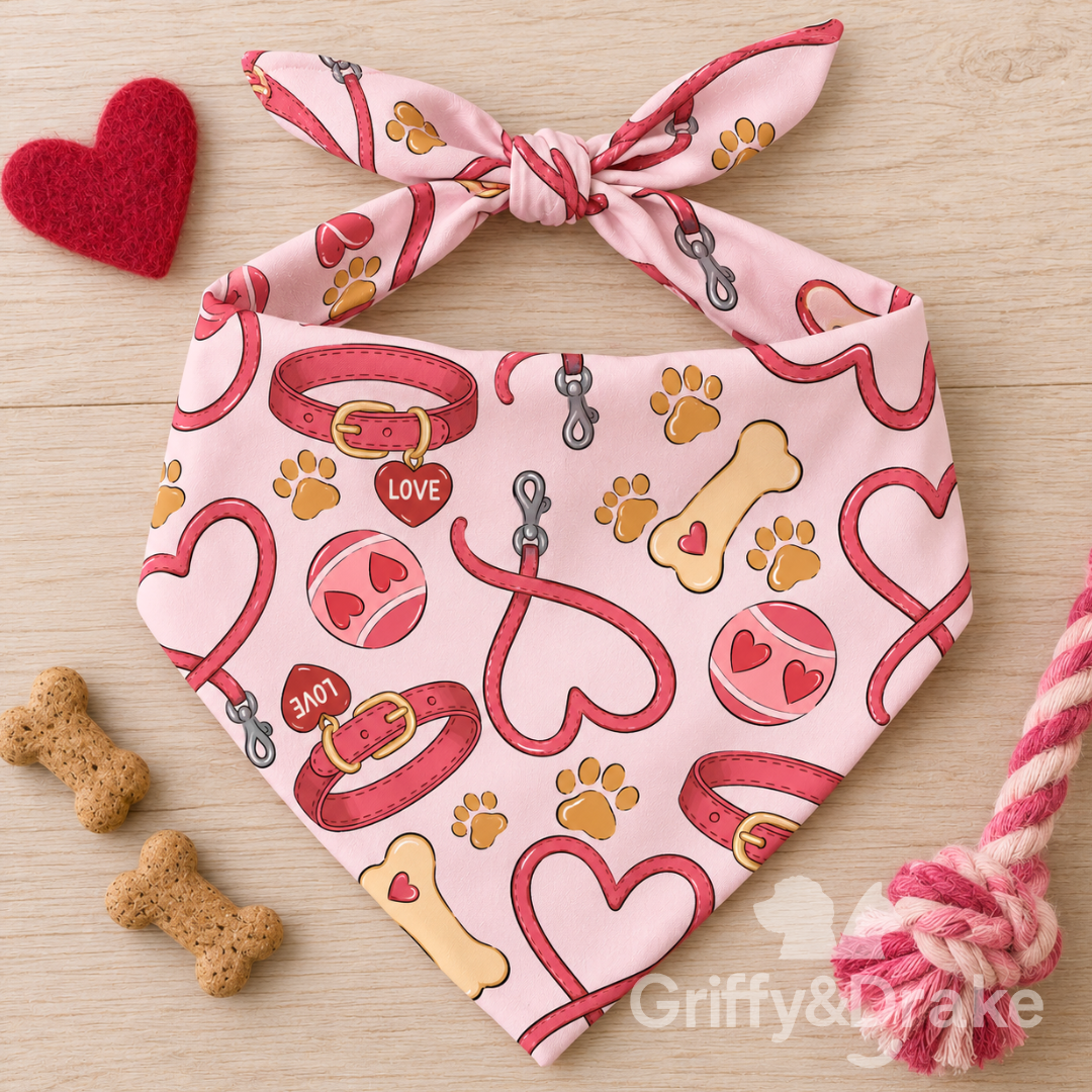 Griffy & Drake Love Unleashed pink heart and paw print bandana