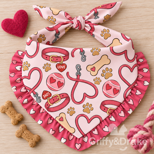 Griffy & Drake Love Unleashed pink heart and paw print ruffle bandana