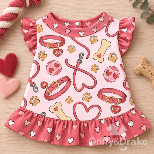 Griffy & Drake Love Unleashed pink heart and paw print ruffle shirt