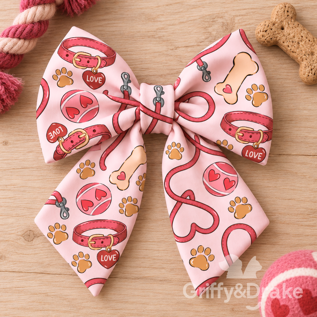 Griffy & Drake Love Unleashed pink heart and paw print sailor bow