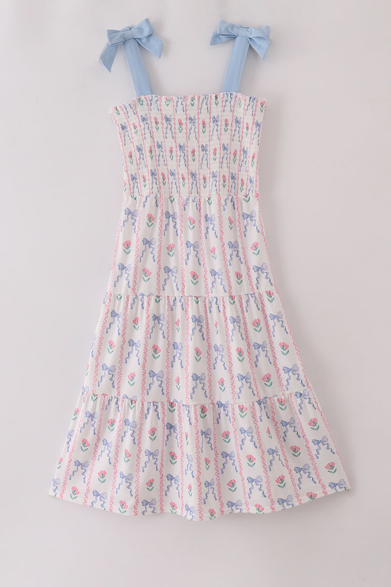 Blue Floral Bow Print Smocked Mom Dress